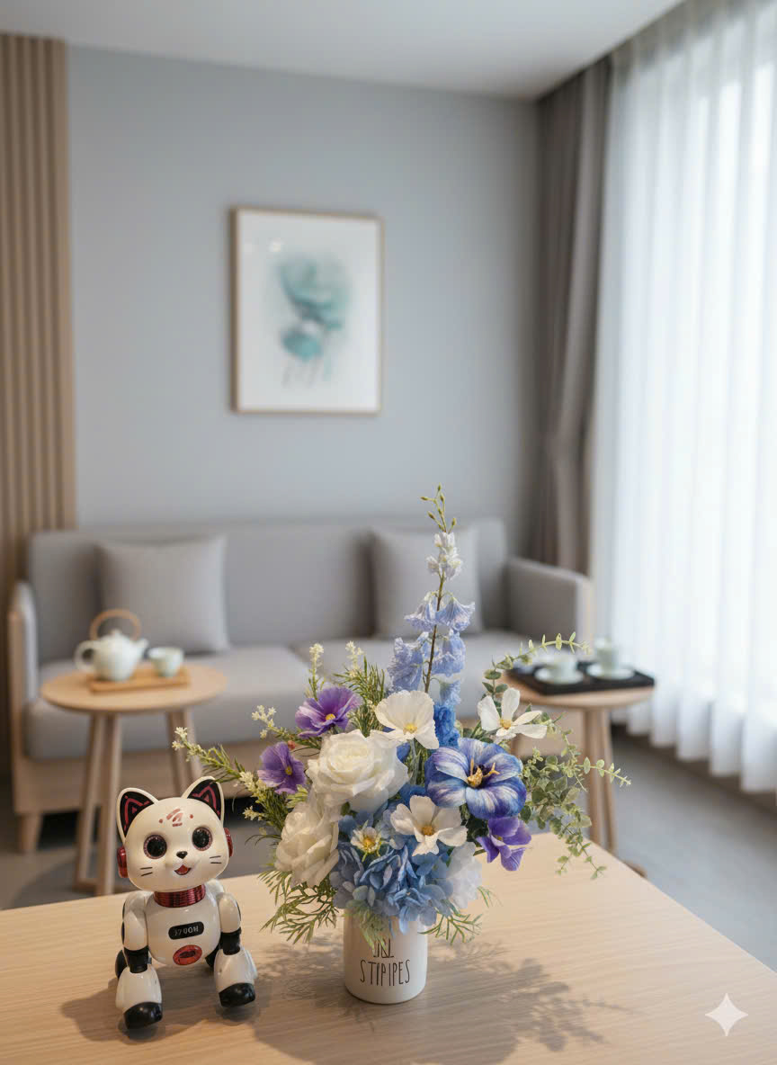 MS003 - Hoa tông xanh  trắng để bàn